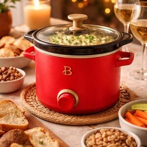 Beautiful Drew Barrymore Red Small Slow Cooker Gold Accent New Without Box